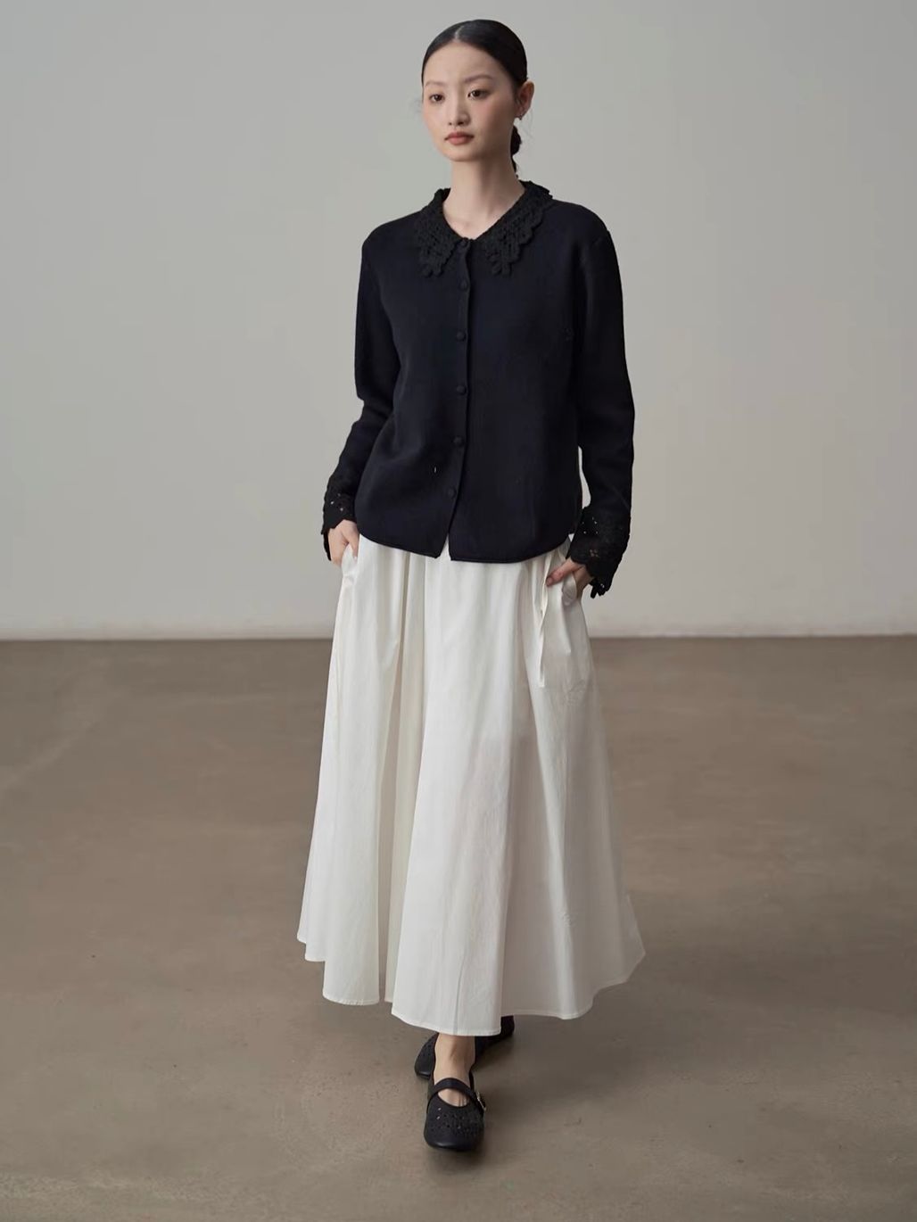 Yan Bing Adjustable Tie-Waist Cotton A-Line Maxi Skirt
