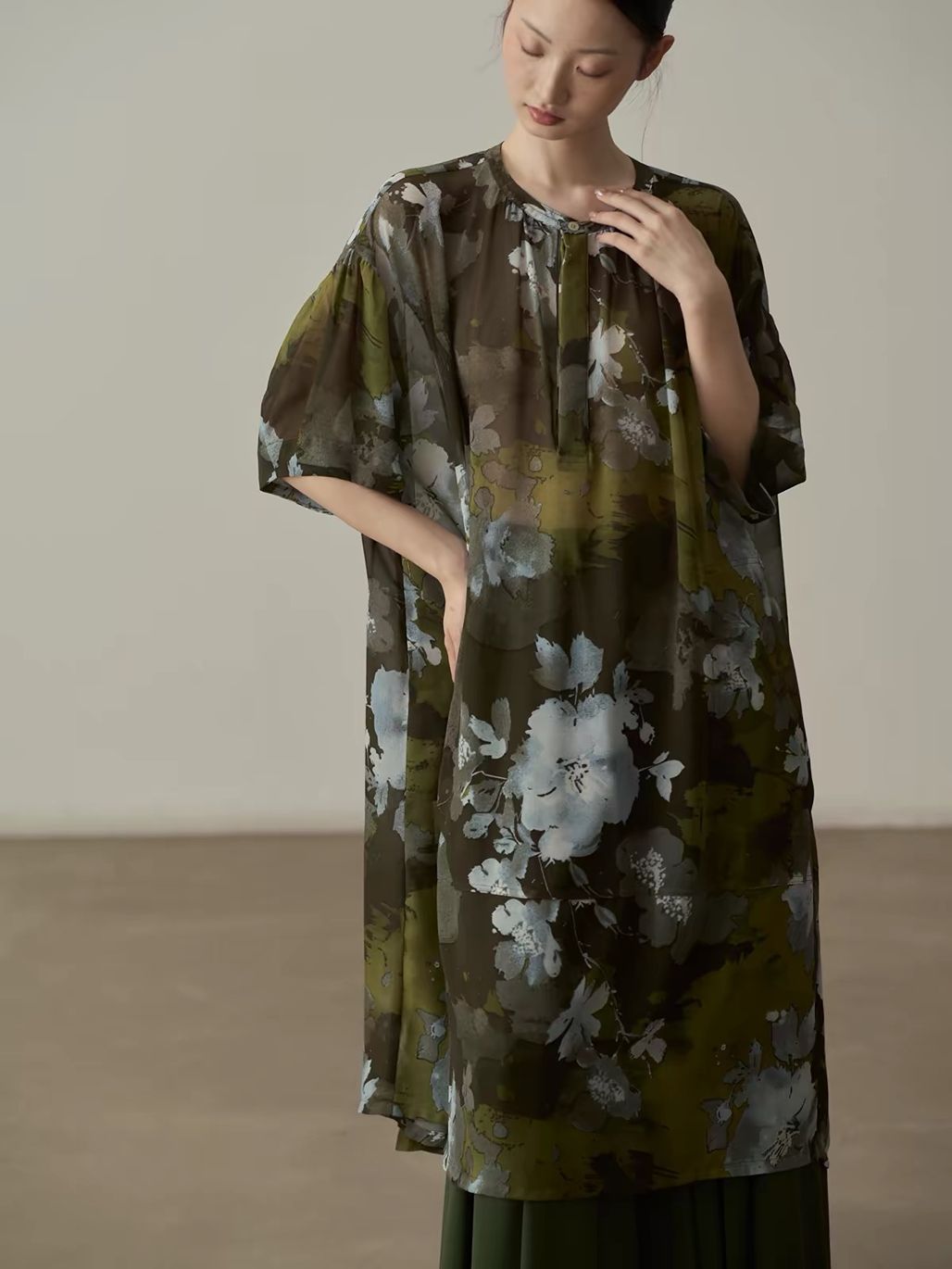 Yan Ben Ink-Wash Floral Chiffon Longline Top & Skirt (Sold Seperately)