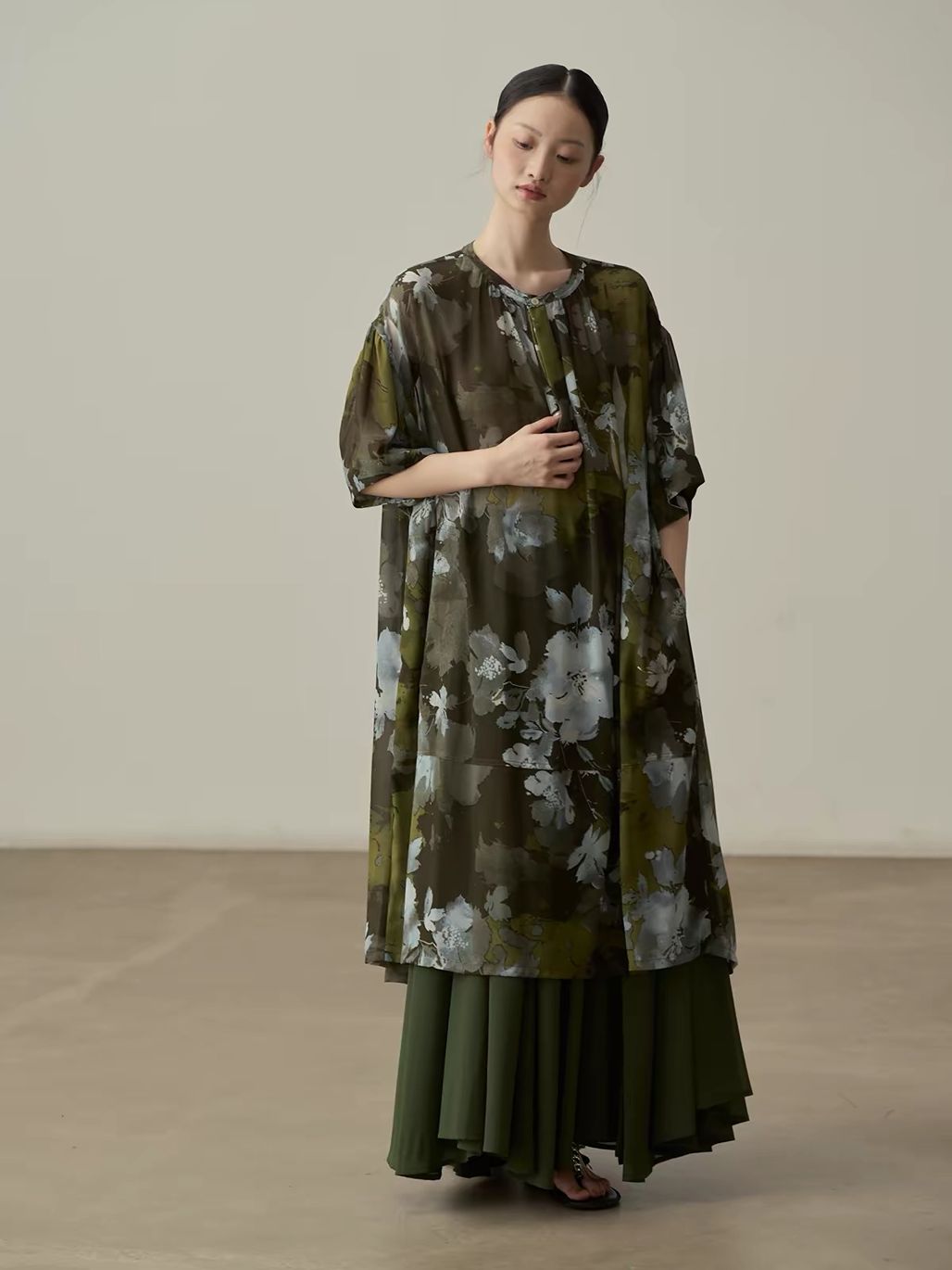 Yan Ben Ink-Wash Floral Chiffon Longline Top & Skirt (Sold Seperately)