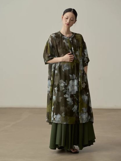 Yan Ben Ink-Wash Floral Chiffon Longline Top & Skirt (Sold Seperately)