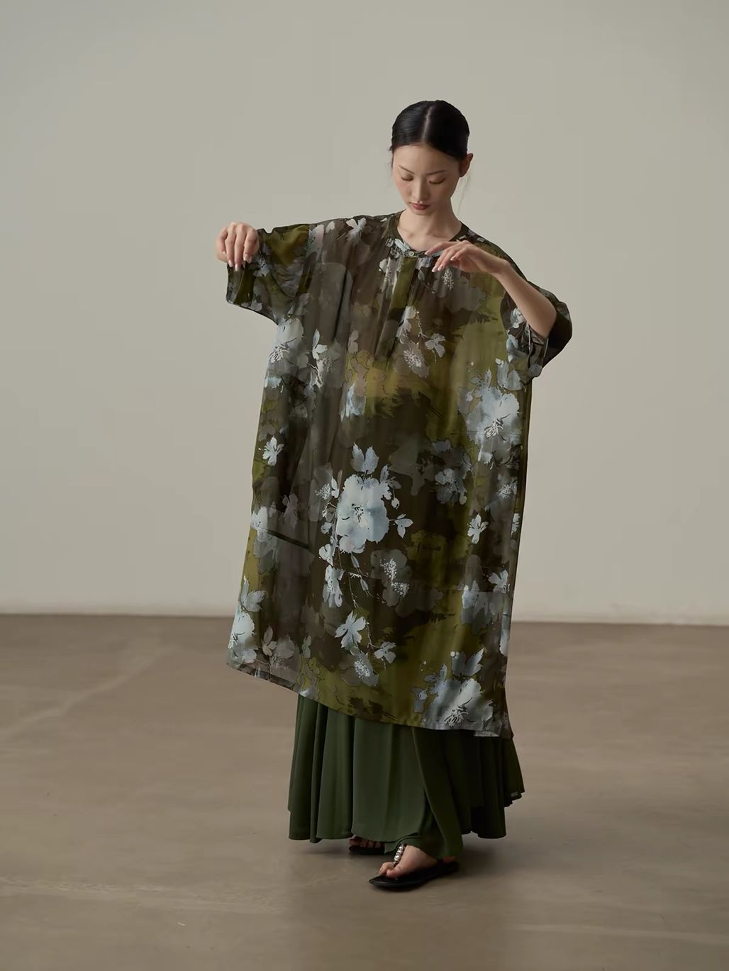 Yan Ben Ink-Wash Floral Chiffon Longline Top & Skirt (Sold Seperately)