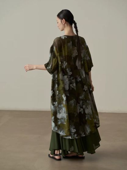 Yan Ben Ink-Wash Floral Chiffon Longline Top & Skirt (Sold Seperately)