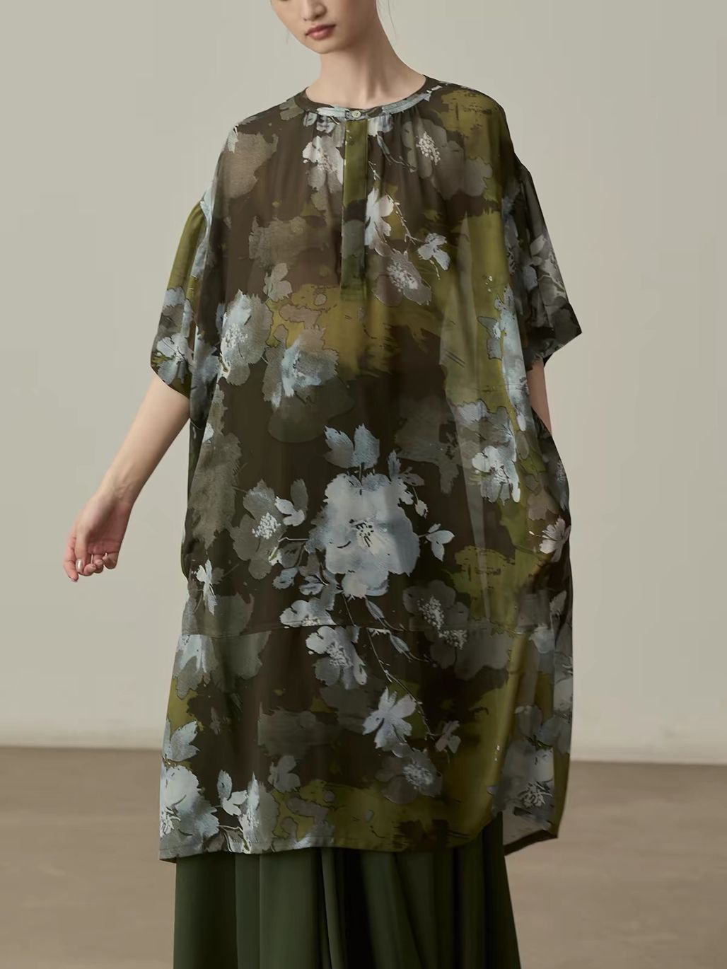 Yan Ben Ink-Wash Floral Chiffon Longline Top & Skirt (Sold Seperately)