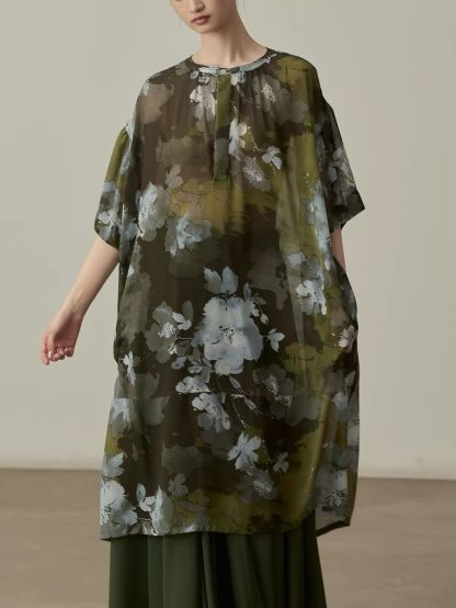 Yan Ben Ink-Wash Floral Chiffon Longline Top & Skirt (Sold Seperately)
