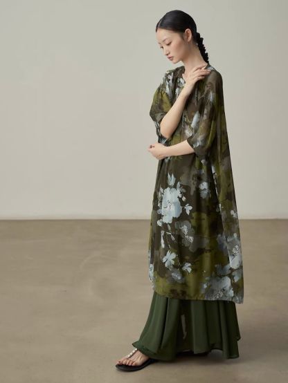 Yan Ben Ink-Wash Floral Chiffon Longline Top & Skirt (Sold Seperately)