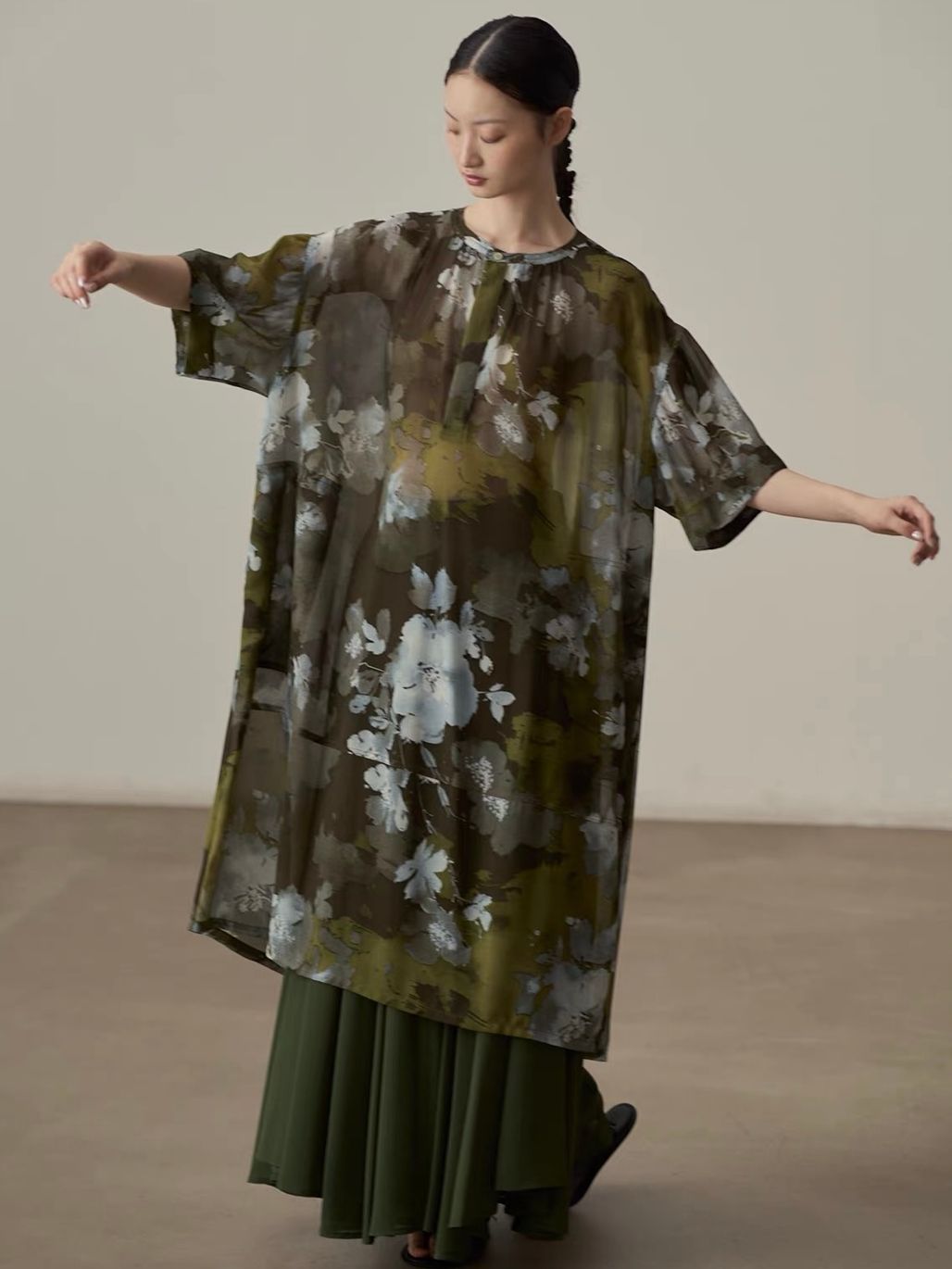 Yan Ben Ink-Wash Floral Chiffon Longline Top & Skirt (Sold Seperately)