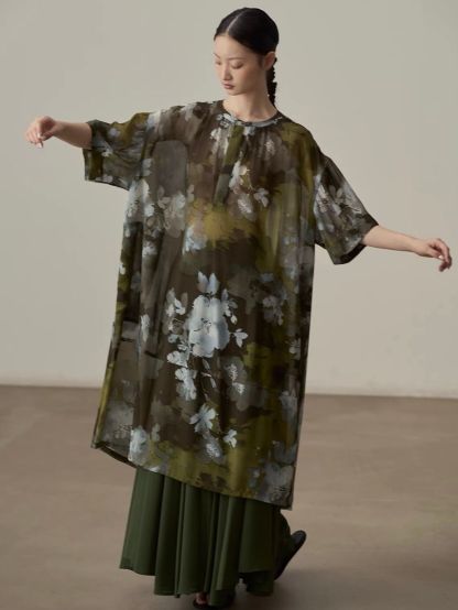 Yan Ben Ink-Wash Floral Chiffon Longline Top & Skirt (Sold Seperately)