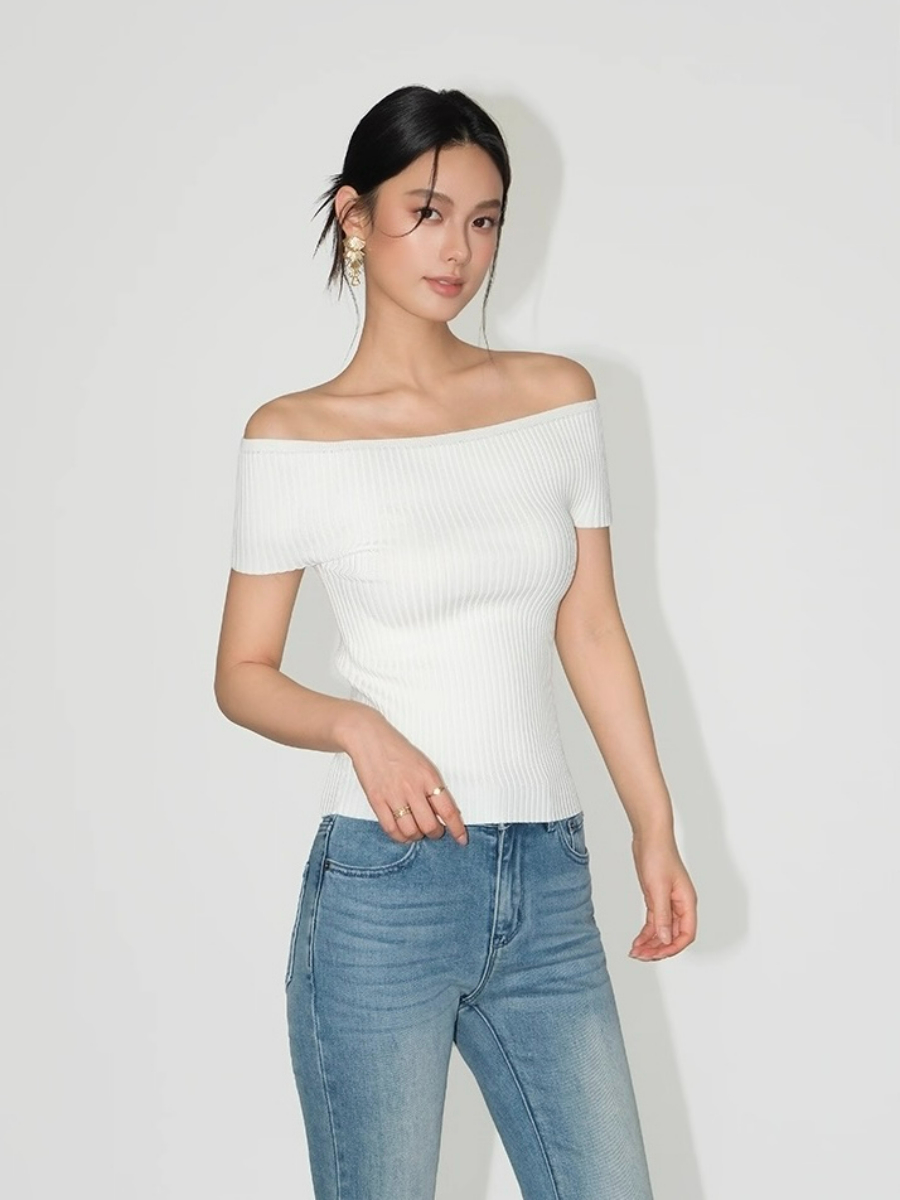 Farrah Off Shoulder Ribbed Knit Top