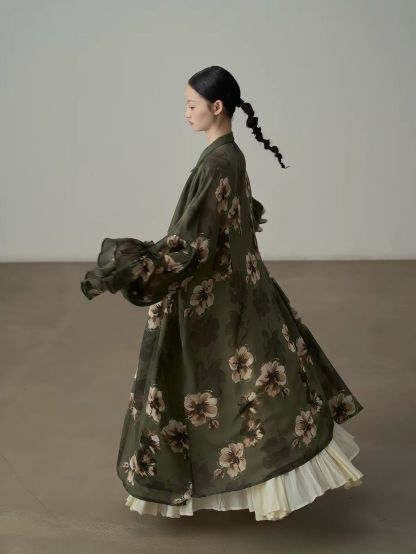 Yan Di Floral-Print Ruffle-Cuff Chiffon Longline Shirt