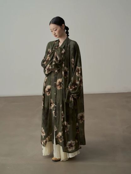 Yan Di Floral-Print Ruffle-Cuff Chiffon Longline Shirt