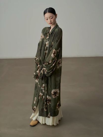 Yan Di Floral-Print Ruffle-Cuff Chiffon Longline Shirt