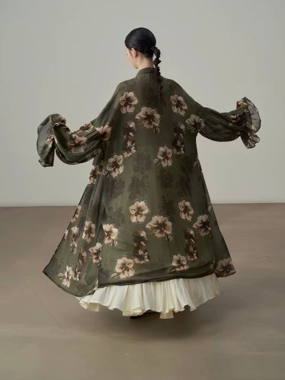 Yan Di Floral-Print Ruffle-Cuff Chiffon Longline Shirt