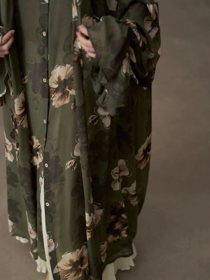 Yan Di Floral-Print Ruffle-Cuff Chiffon Longline Shirt