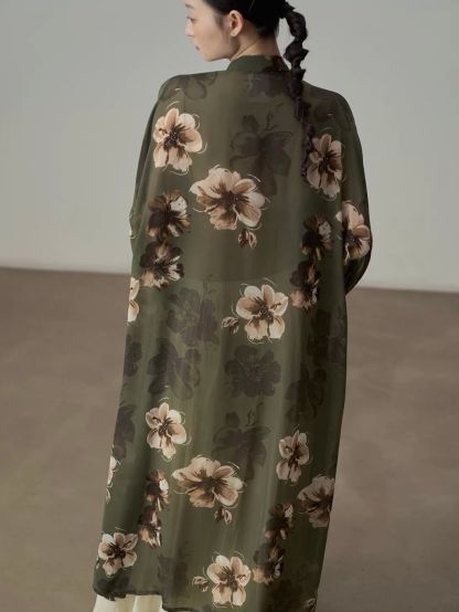 Yan Di Floral-Print Ruffle-Cuff Chiffon Longline Shirt