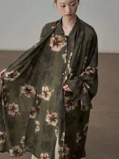Yan Di Floral-Print Ruffle-Cuff Chiffon Longline Shirt
