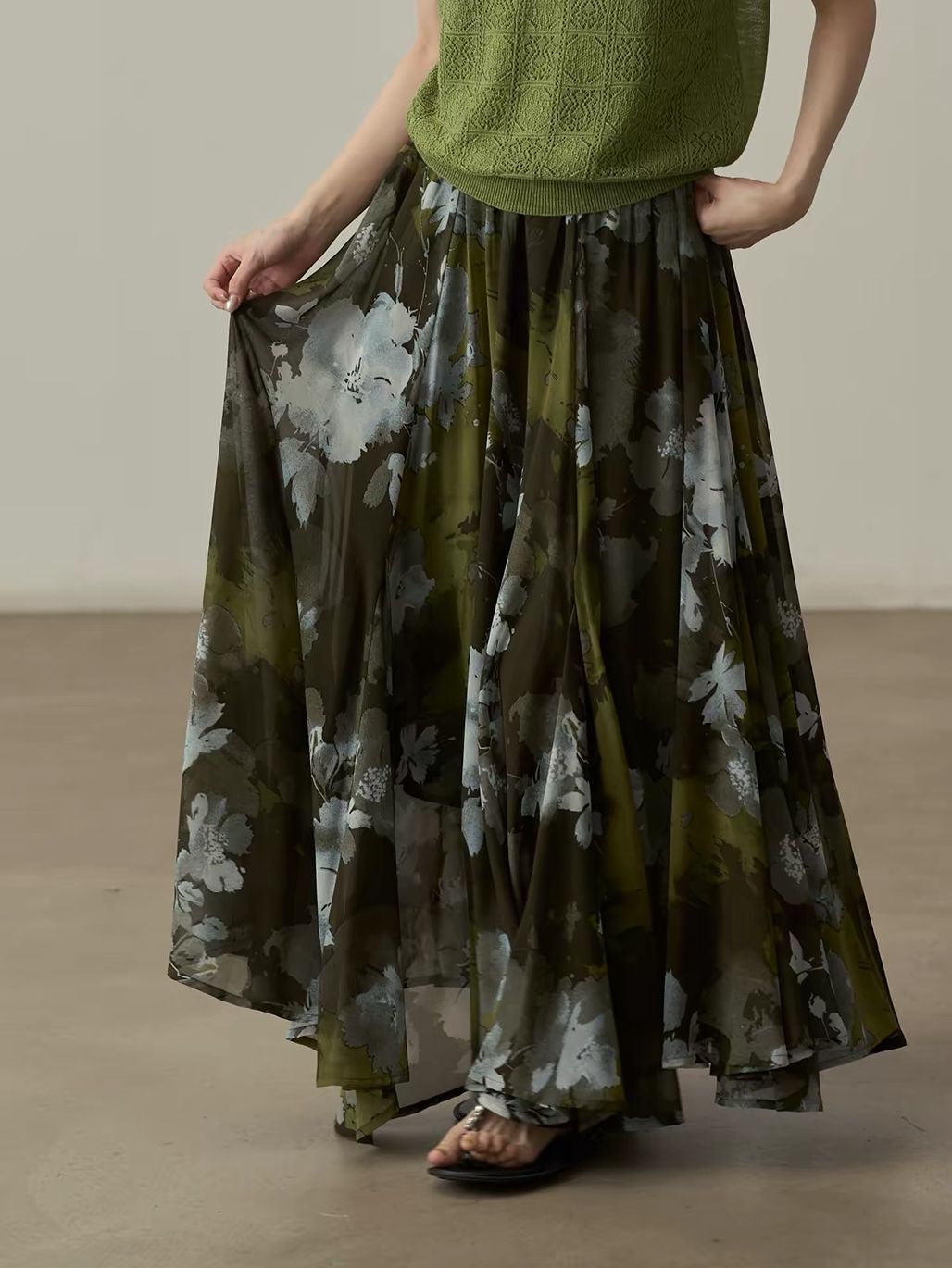 Yan De Ink-Wash Floral Chiffon Maxi Skirt