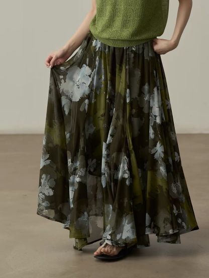 Yan De Ink-Wash Floral Chiffon Maxi Skirt