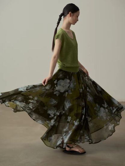 Yan De Ink-Wash Floral Chiffon Maxi Skirt
