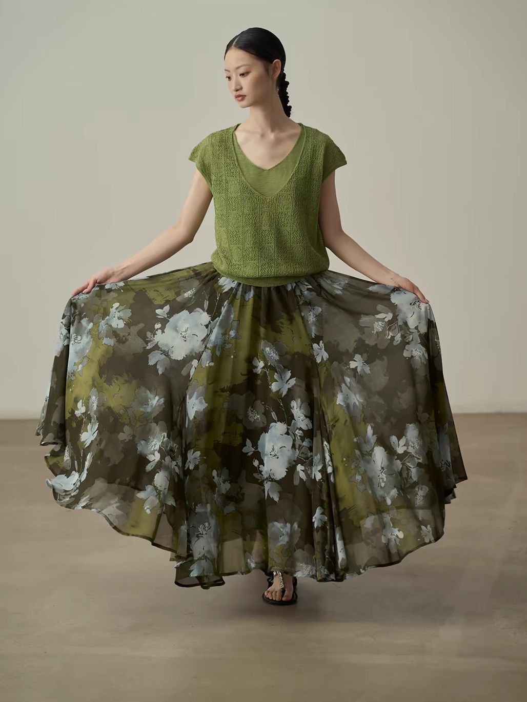Yan De Ink-Wash Floral Chiffon Maxi Skirt