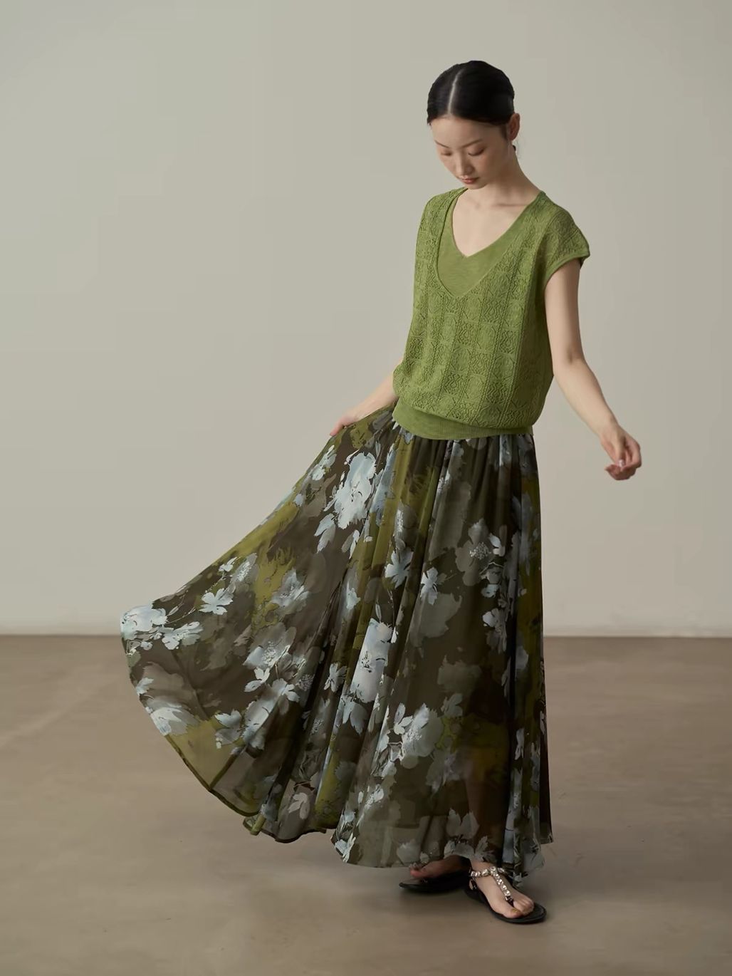 Yan De Ink-Wash Floral Chiffon Maxi Skirt