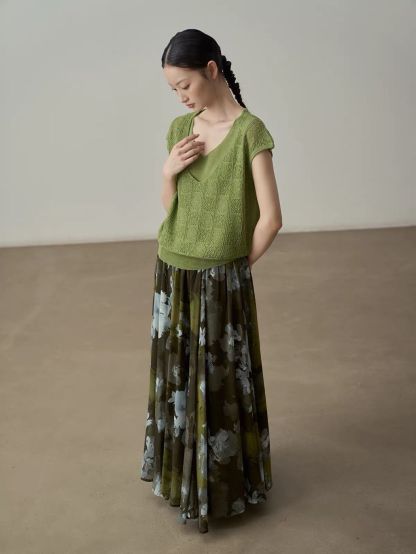 Yan De Ink-Wash Floral Chiffon Maxi Skirt