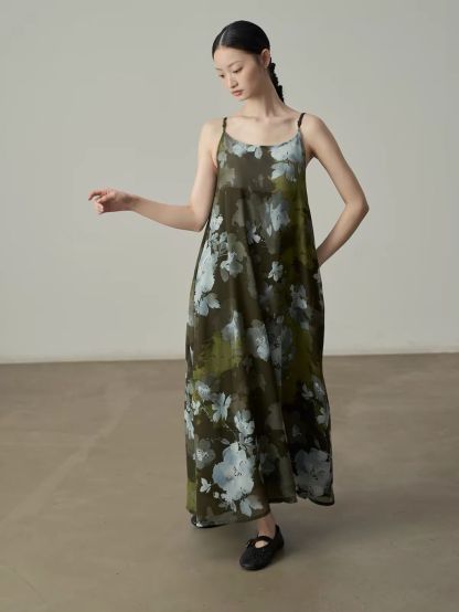 Yan Deng Ink-Wash Floral Chiffon Cami Maxi Dress
