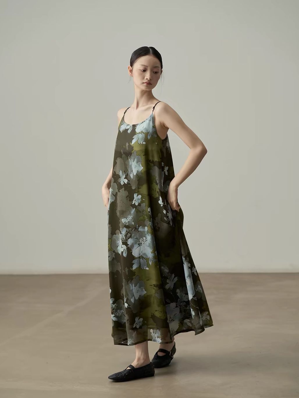 Yan Deng Ink-Wash Floral Chiffon Cami Maxi Dress
