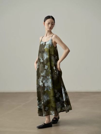 Yan Deng Ink-Wash Floral Chiffon Cami Maxi Dress