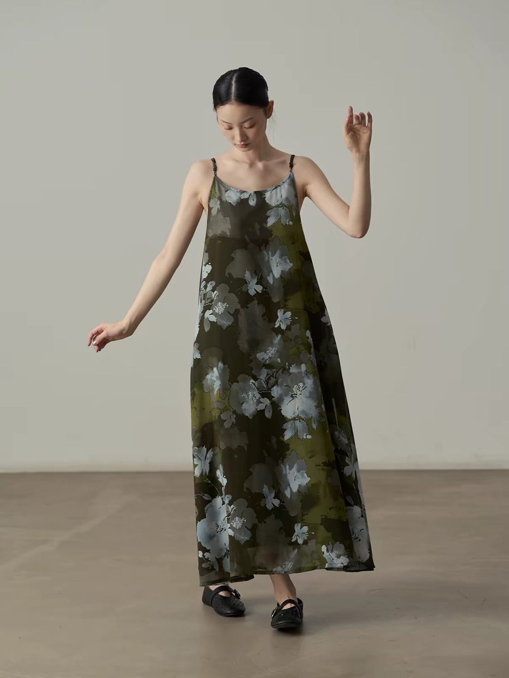 Yan Deng Ink-Wash Floral Chiffon Cami Maxi Dress