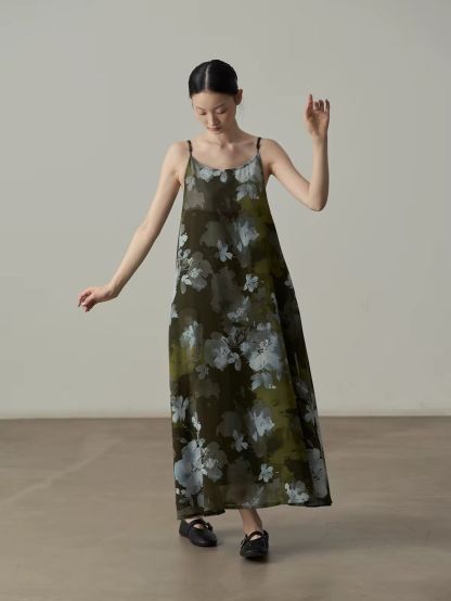 Yan Deng Ink-Wash Floral Chiffon Cami Maxi Dress
