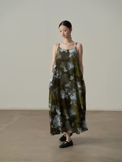 Yan Deng Ink-Wash Floral Chiffon Cami Maxi Dress