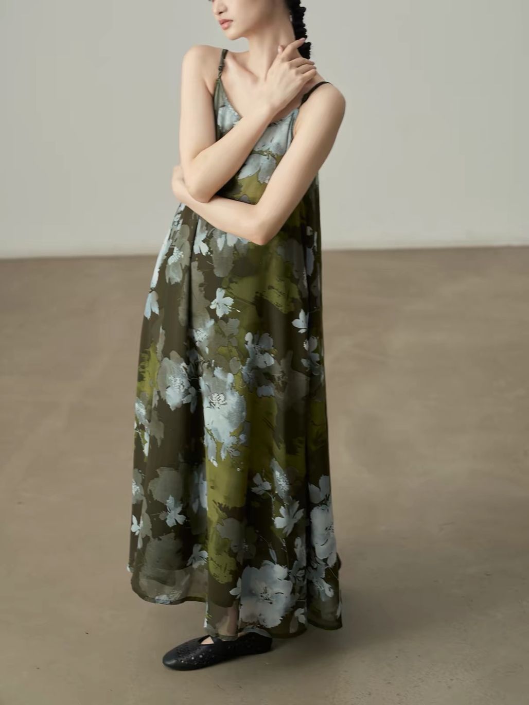 Yan Deng Ink-Wash Floral Chiffon Cami Maxi Dress