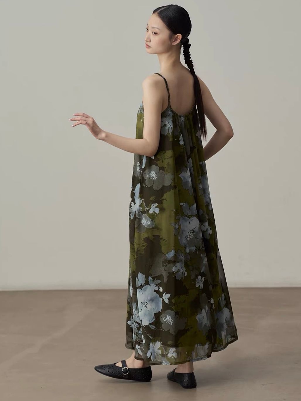 Yan Deng Ink-Wash Floral Chiffon Cami Maxi Dress