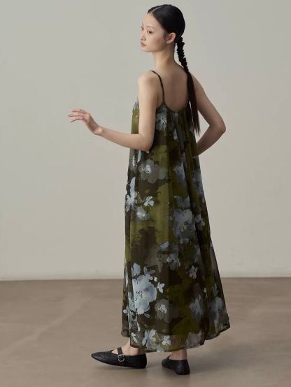 Yan Deng Ink-Wash Floral Chiffon Cami Maxi Dress
