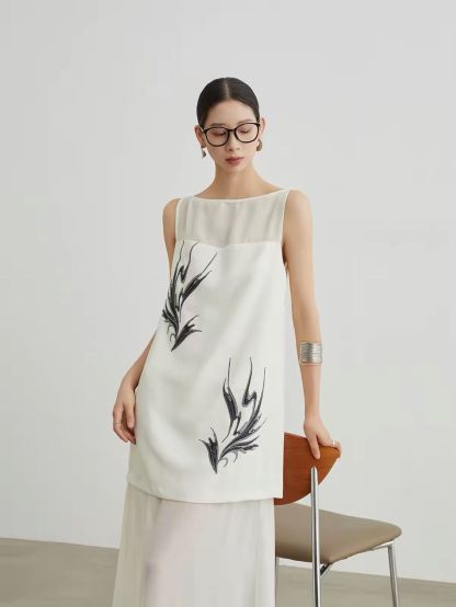 Jian Ai Botanical-Print Panelled Mesh Dress