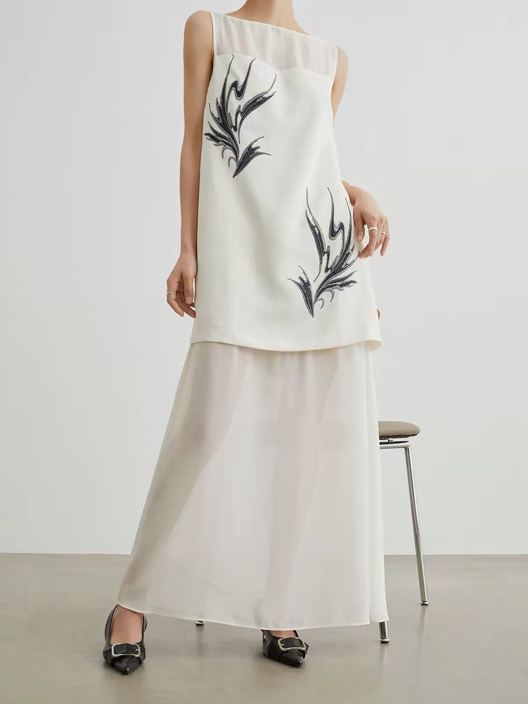 Jian Ai Botanical-Print Panelled Mesh Dress