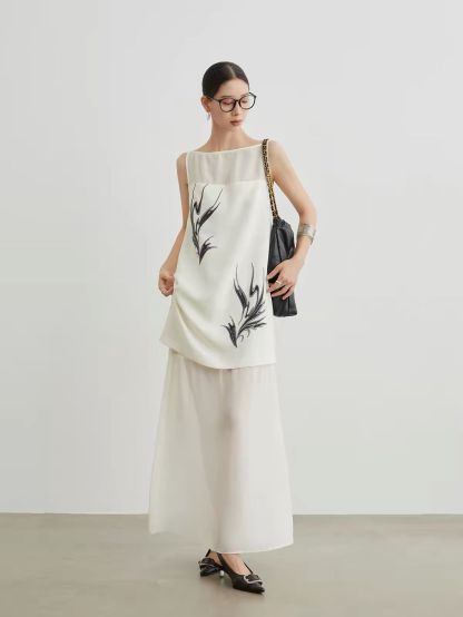 Jian Ai Botanical-Print Panelled Mesh Dress