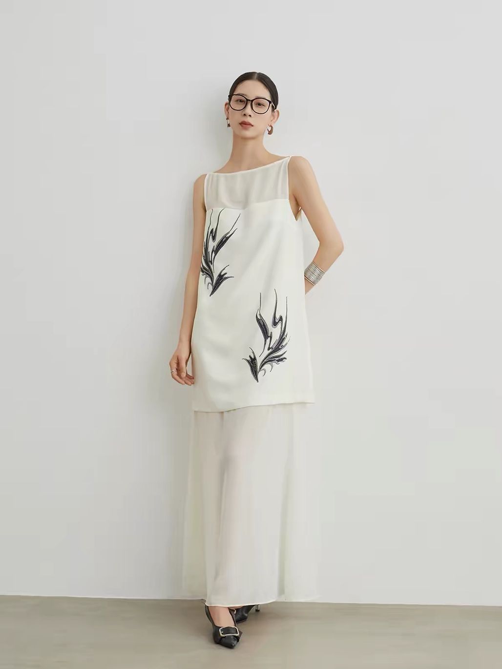 Jian Ai Botanical-Print Panelled Mesh Dress