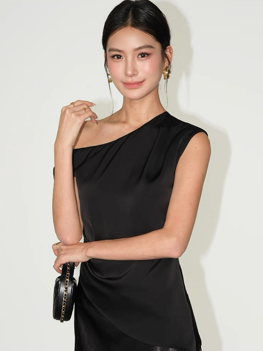 Francine One Shoulder Knot Tie Satin Top