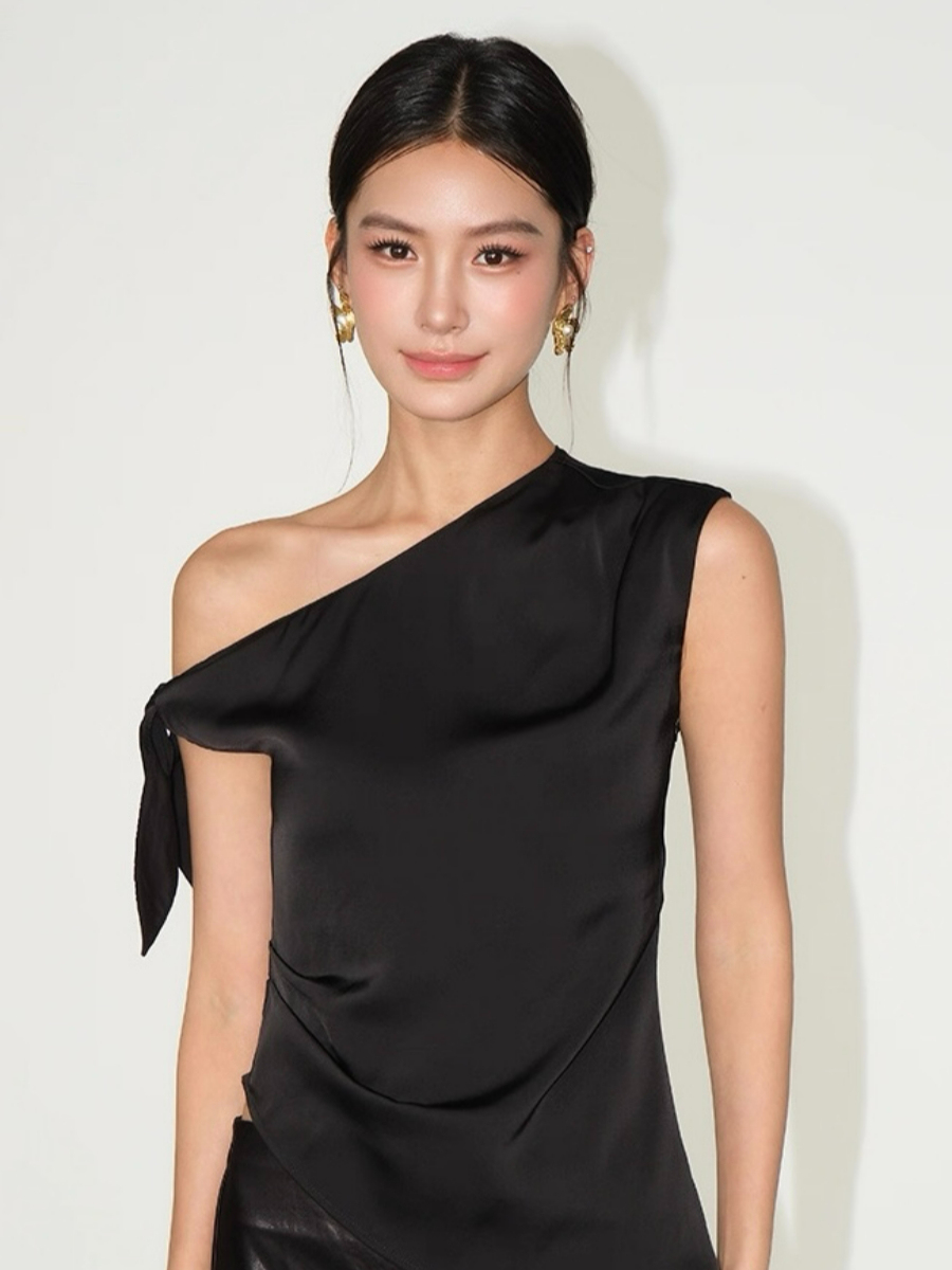 Francine One Shoulder Knot Tie Satin Top