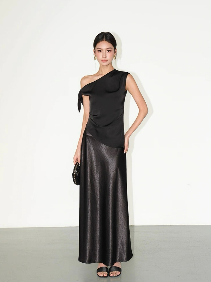 Francine One Shoulder Knot Tie Satin Top