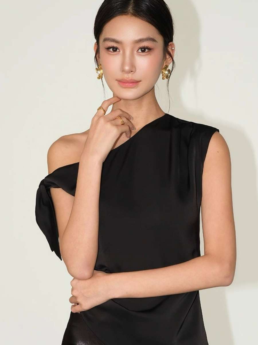 Francine One Shoulder Knot Tie Satin Top