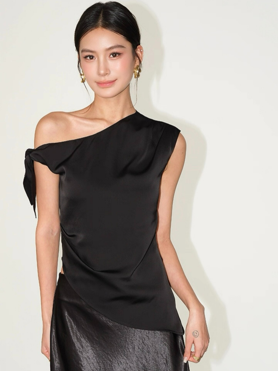 Francine One Shoulder Knot Tie Satin Top