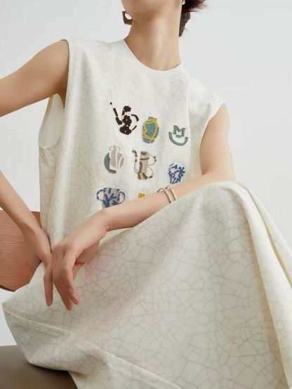 Jian Au Embroided Textured A-Line Dress