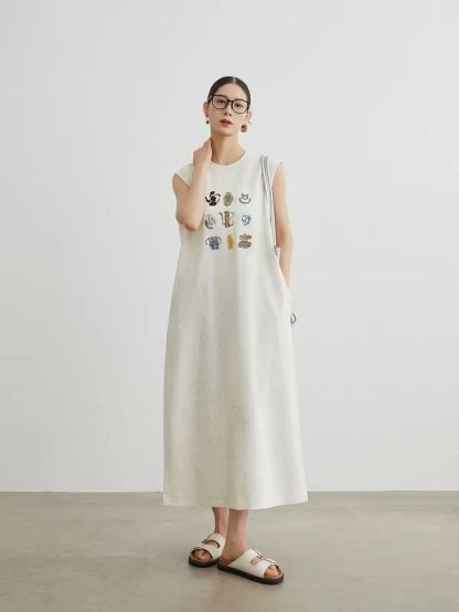 Jian Au Embroided Textured A-Line Dress