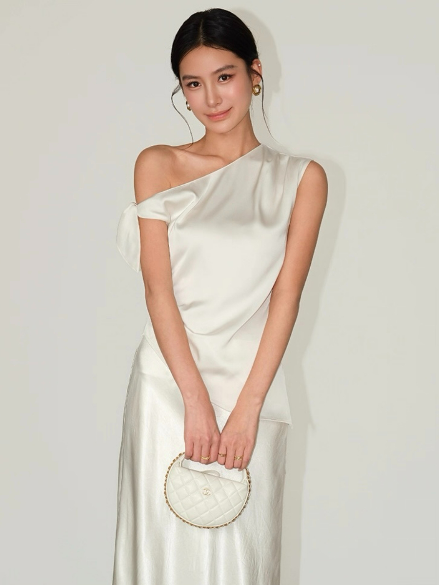 Francine One Shoulder Knot Tie Satin Top