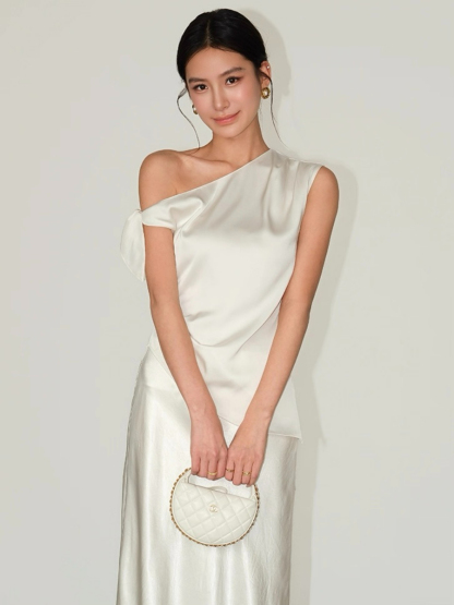 Francine One Shoulder Knot Tie Satin Top