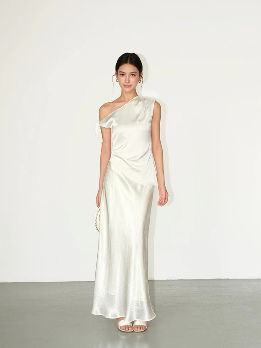 Francine One Shoulder Knot Tie Satin Top