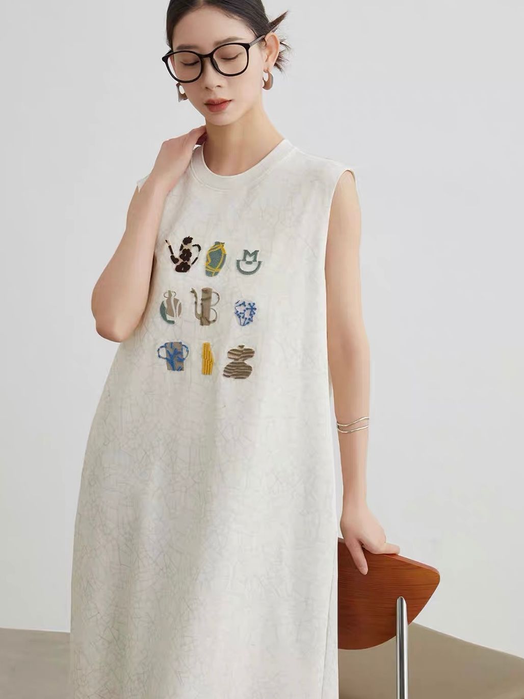 Jian Au Embroided Textured A-Line Dress