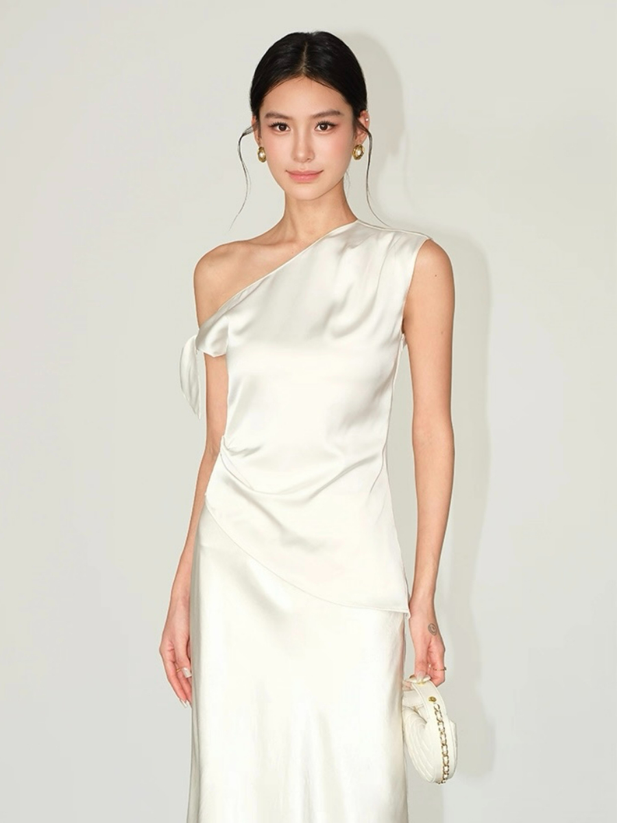 Francine One Shoulder Knot Tie Satin Top